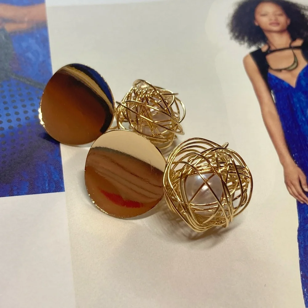 Fashion Gold Plated Geometric Ball Pearl Drop Earrings - Picture 3 of 4